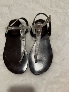 J. Crew Silver T‑Strap Leather Sandals